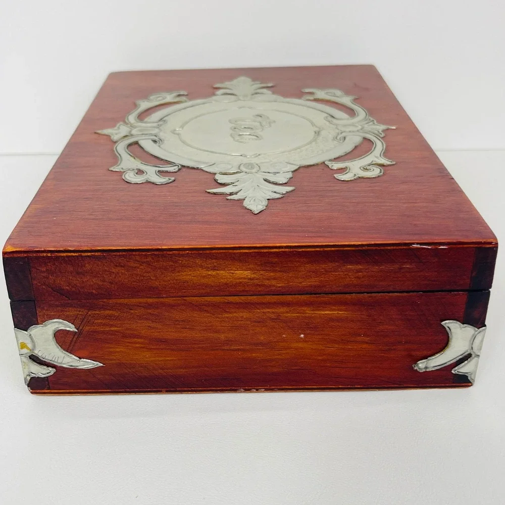 Vintage Wood Tea Storage Box Chest Brown Silver Embossed Metal Overlay Divided